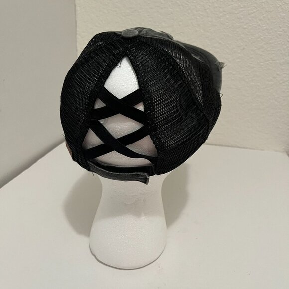 CC Exclusives Ponytail Hat Womens Baseball Cap Black Distressed Strapback Mesh - Picture 5 of 10